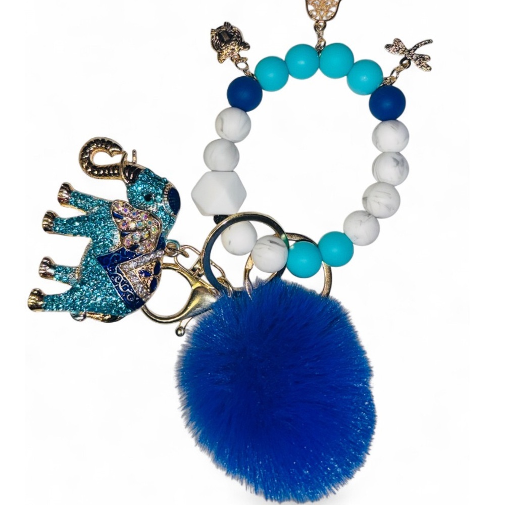 Elephant Amulet Womens Silicone Beaded Keychain with Pom Pom - Picture 5 of 6